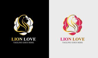 Lion minimalist logo, king lion symbol in red black, yellow color, lion face with fire icon red hart zoo forest vector