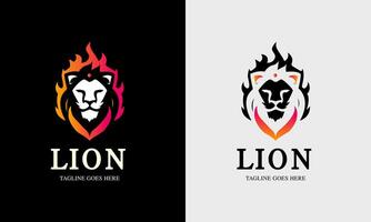 león minimalista logo, Rey león símbolo en rojo negro, amarillo color, león cara con fuego icono rojo ciervo zoo bosque vector