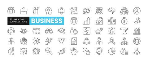 Set of 50 Business line icons set. Business outline icons with editable stroke collection. Includes Team, Brainstorm, Experience, Global Business, Office, and More. vector