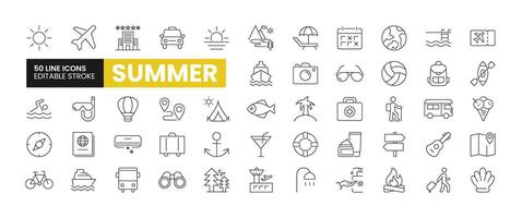 Set of 50 Summer or Summer Vacation line icons set. Summer outline icons with editable stroke collection. Includes Camera, Backpack, Airport, Bonefire, Fishing, and More. vector