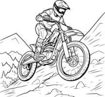 motocross jinete en un montaña bicicleta. negro y blanco ilustración. vector