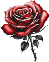 Red rose painting in full bloom, red rose tattoo, Rose illustration for decoration. AI-generated. png