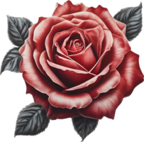 Red rose painting in full bloom, red rose tattoo, Rose illustration for decoration. AI-generated. png