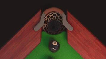biliardo tavolo a partire dal sopra soffio su un' nero palla 8 esso mosche in il buco nel lento movimento video