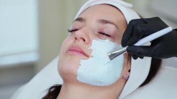 Beautician applying clay facial mask at beauty shop video