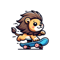 cute lion playing skateboard icon character png