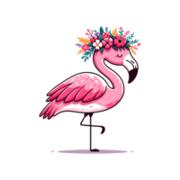 cute flamingo wear flower on their head icon character png