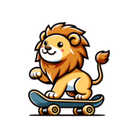 cute lion playing skateboard icon character png