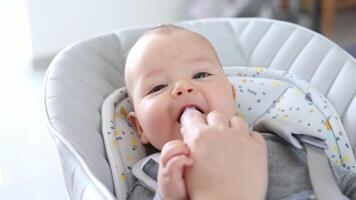 bebé disfrutando limpieza un dientes, cuidado de la salud concepto video