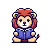 cute lion reading book icon character png