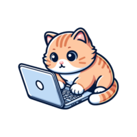 cute cat watching laptop icon character png