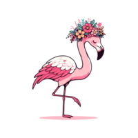 cute flamingo wear flower on their head icon character png