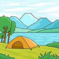 Hand drawn cartoon camping tent in forest, lake and mountains vector