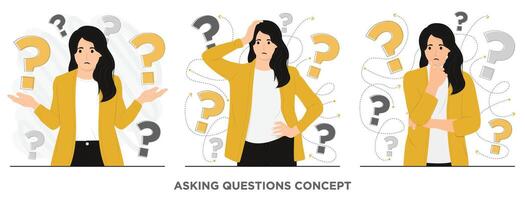 Flat people doubt asking questions looking phone flat illustration vector