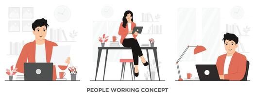 Flat people office workers working, desk set concept illustration vector