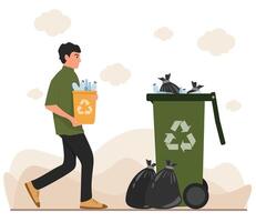 flat man holding trash can collecting collecting plastic waste into recycling containers of ecological volunteers, trash bag vector