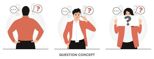 Flat people doubt asking questions looking phone flat illustration vector