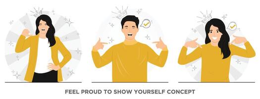 Flat confidence feeling proud smiling people pointing themself with fingers proud and happy vector