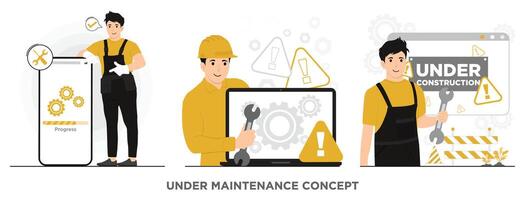 Flat computer phone repair or service fixing huge broken troubleshooting maintenance concept illustration vector