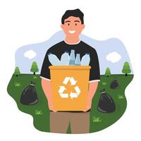 flat man holding trash can collecting collecting plastic waste into recycling containers of ecological volunteers, trash bag vector