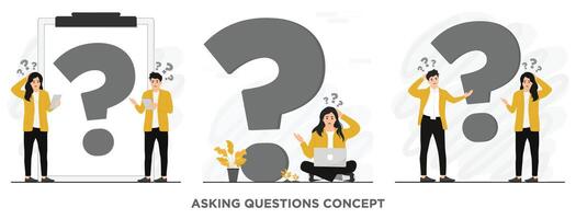 Flat people doubt asking questions looking phone flat illustration vector