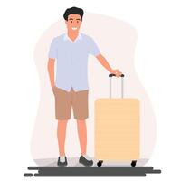 Flat happy excited man with luggage bag ready for travelling in holiday vector