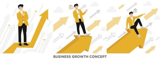 plano negocio crecimiento empresario en pie en un volador flechas objetivo éxito concepto ilustración vector