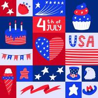 Square greeting card with patriotic symblos of USA independence day. Social media poster for 4th of July. National american symbols in flat cartoon style. Bright color illustration. vector
