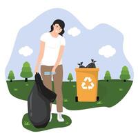 flat man holding trash can collecting collecting plastic waste into recycling containers of ecological volunteers, trash bag vector