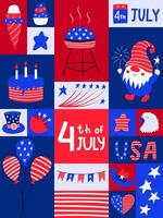 Graphic poster with national symblos of USA independence day. Greeting card for 4th of July. Balloons, cake, stars, flags. Patriotic elements in flat cartoon style. Bright color illustration. vector