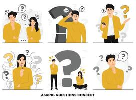 Flat people doubt asking questions looking phone flat illustration vector