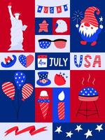 Graphic poster with national symblos of USA independence day. Greeting card for 4th of July. Statue of liberty, grill, gnome. Patriotic elements in flat cartoon style. Color illustration vector