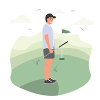 Flat athlete man playing golf in golf course vector