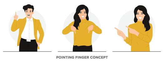 Flat Beautiful girl with happy smile pointing fingers down side up at banner concept illustration vector