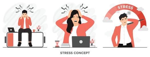 plano mujer estrés trabajando dolor de cabeza concepto ilustración vector