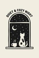 Quiet and cozy night text. Illustration of a starry night view from the window with a cat and coffee. vector