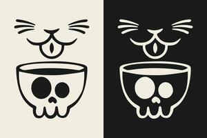 Illustration of a cat's face sticking out an eye drinking from a skull. vector