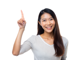 A woman with long hair smiles and points upwards with one finger, standing against a plain transparent background png