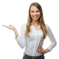 A woman in a white shirt is smiling and pointing with her hand against a transparent background png