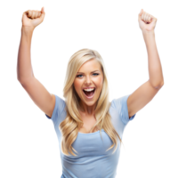 Blonde woman with raised arms and a joyful expression, celebrating a moment of success or achievement png