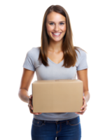 A young woman smiles while holding a cardboard box, standing against a transparent background png