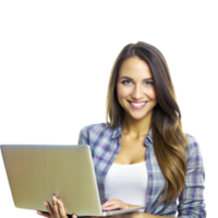 A cheerful woman in a casual plaid shirt uses a laptop in a well-lit setting, showcasing a positive attitude png