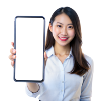 un mujer sonrisas mientras presentación un grande teléfono inteligente con un blanco pantalla en contra un transparente antecedentes png