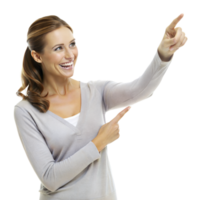 A cheerful woman in a gray sweater points excitedly to the right with both hands png