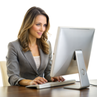 A professional woman in a grey blazer focuses on her work while using a desktop computer at her office desk png