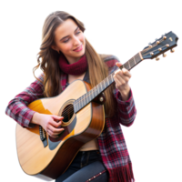 en ung kvinna åtnjuter spelar de akustisk gitarr på en ljus vinter- dag, klädd i en pläd skjorta och scarf png