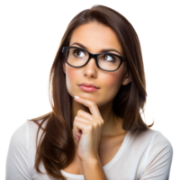 Pensive young woman wearing glasses, touching her chin, and looking up pensively against a plain transparent background png