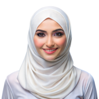 A young woman in a white hijab smiles warmly, posing against a transparent backdrop png