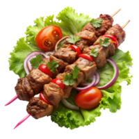 Grilled beef skewers served with cherry tomatoes, red onions, and cilantro on a fresh lettuce bed png