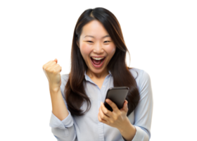 A joyous woman triumphantly celebrates after receiving great news on her smartphone, showcasing a beaming smile and raised fist png